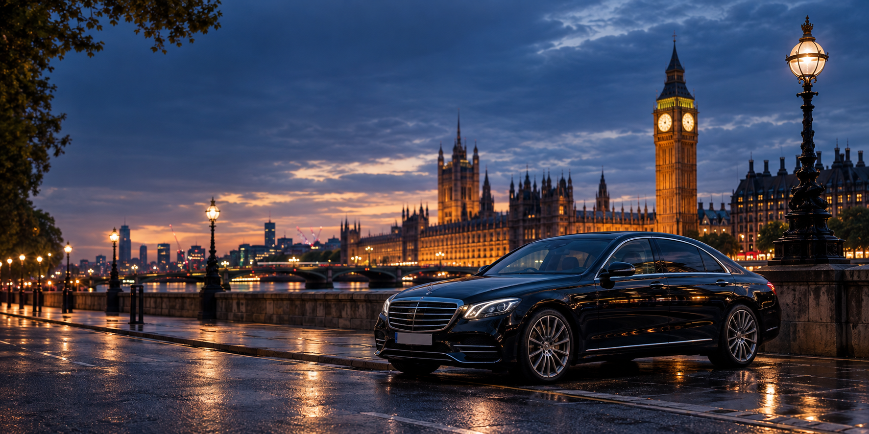 Chauffeur-driven vehicle beside Westminster and Big Ben
